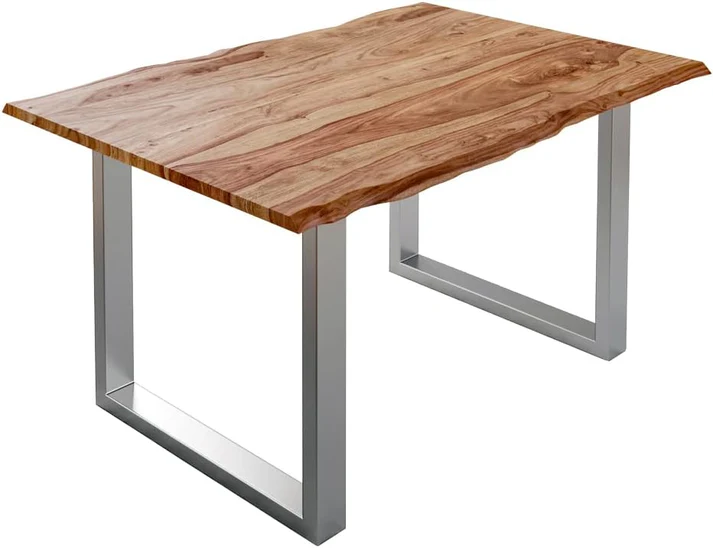 Sahajhast Solid Sheesham Wood Dining Table with Real Wane Edge and Silver U-Frame Base Natural Finish ( Size - 220 x 100 cm )