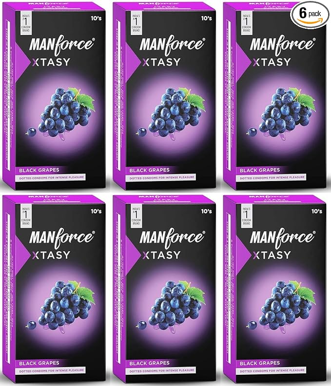 Manforce Xtasy Black Grapes Flavoured Condoms for Men| Dotted and Double Contoured for Intense Pleasure| Lubricated Latex Condoms|10 Pcs x Pack of 6