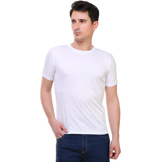 Cssb Mens White Solid Cotton Lycra Round Neck T-Shirt
