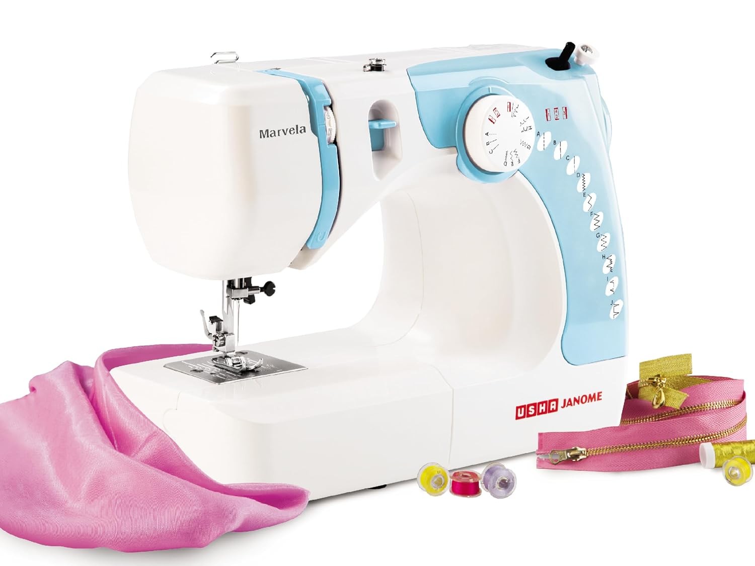 Usha Janome Marvela Automatic Zig-Zag Electric Sewing Machine, Free Sewing Kit, 14 stitch Function - White/Blue