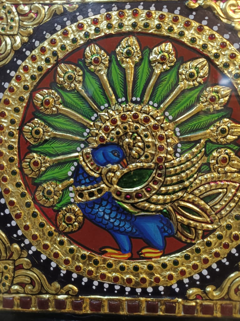 Tanjore Painting Peacock with 10"*10" synthetic frame view 2