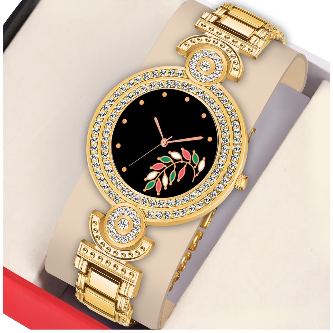 Bolun Black Flower Well Dial Gold BD Girls and Women Watch
