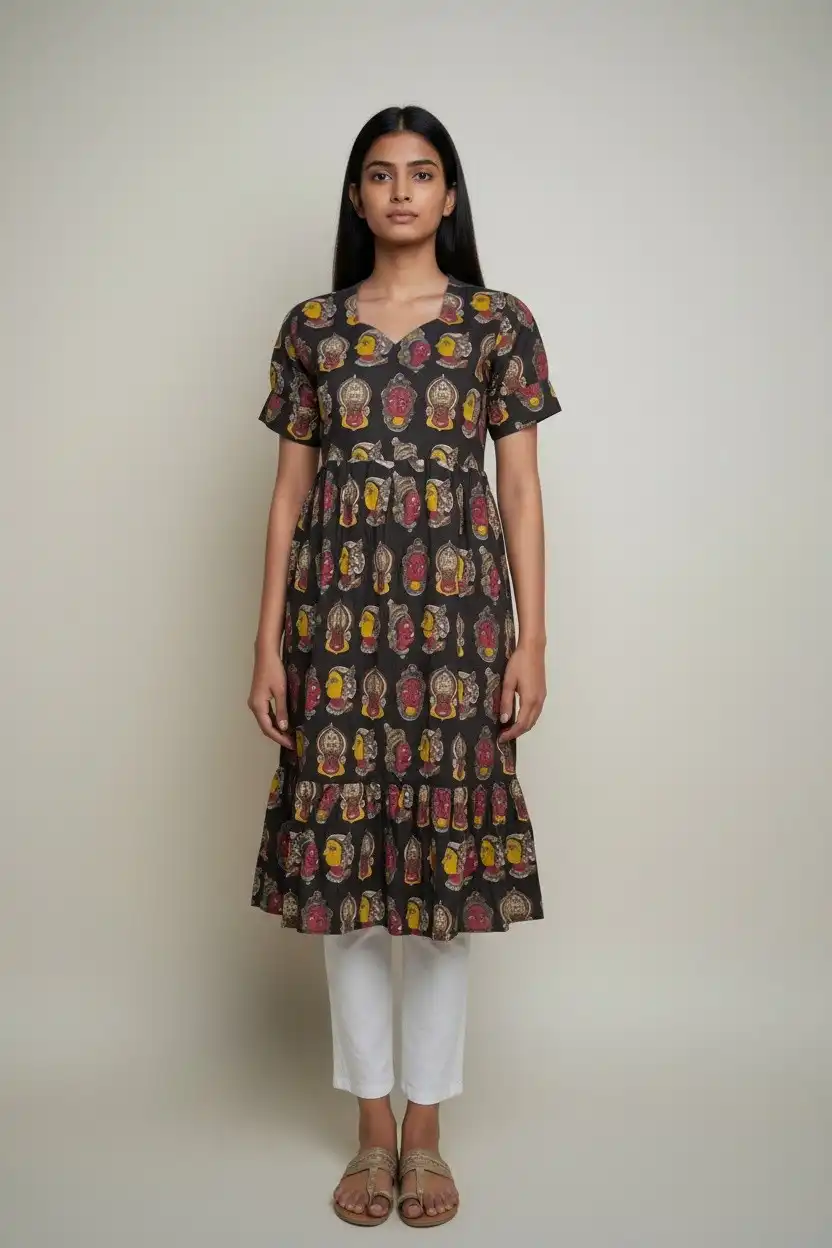 Pattachitra Print Cotton Dress Coffee Yellow Pink