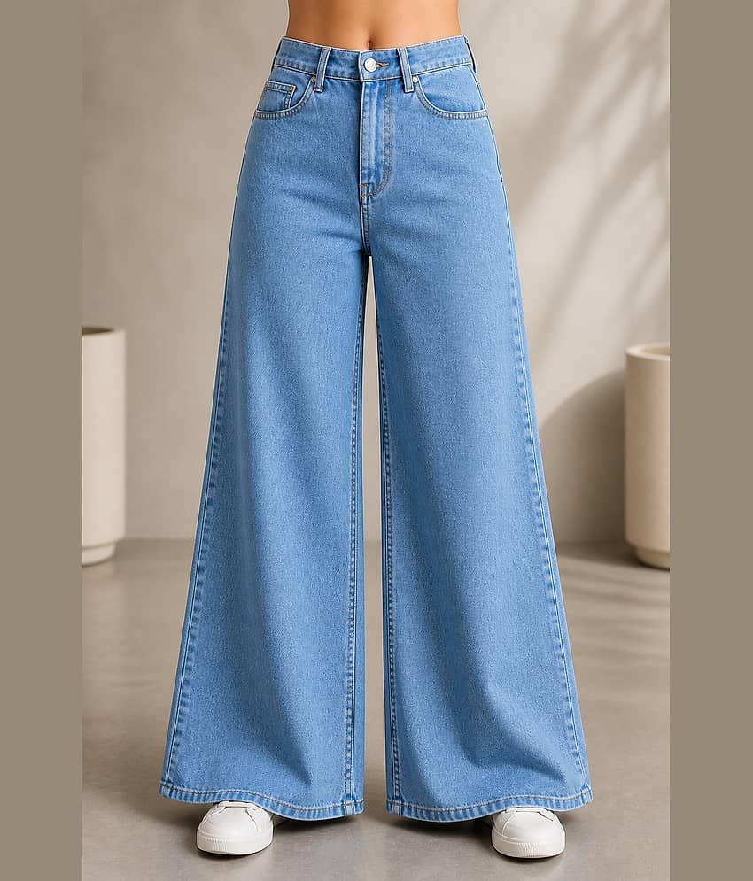 Aarika Women's Wide Leg Mid-Rise Jeans ( Light Blue )