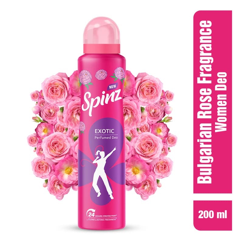 Spinz Exotic Perfumed Deo for Women, with Bulgarian Rose Fragrance for Long Lasting Freshness and 24 Hours Protection, 200ml A long-lasting perfume deo for women 24-Hour Sweat and Body Odour Protection (Pack of 2)