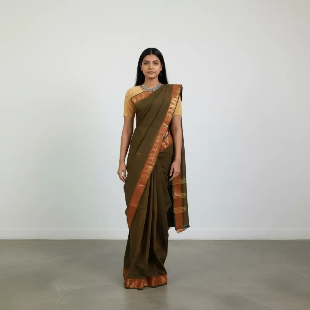 Handwoven Kanchipuram Cotton Saree with Golden Woven Border