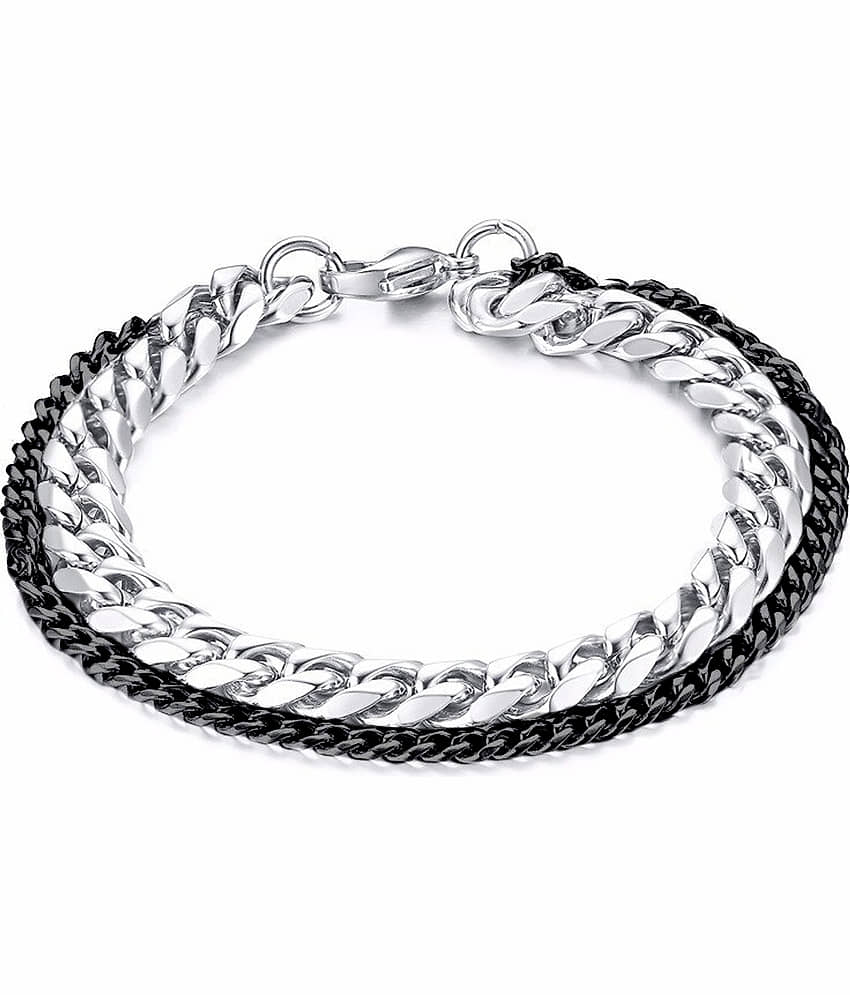 ZIVOM® Double Layered Wrist Wrap Macho Black Silver 316L Surgical Stainless Steel Curb Chain Bracelet for Men Boys