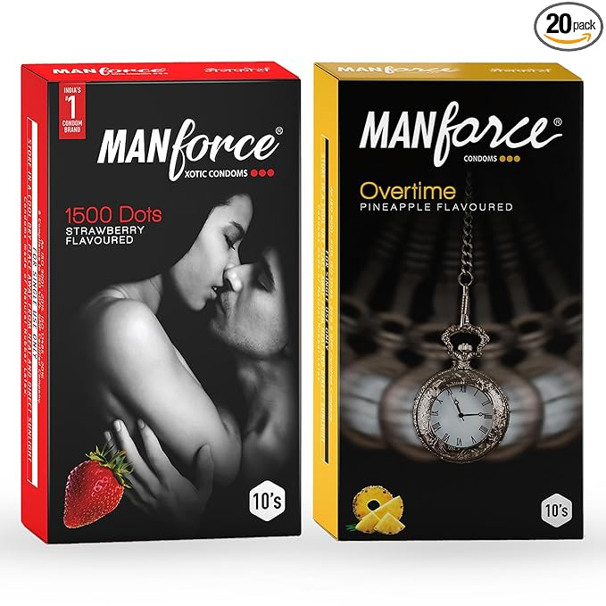 MANFORCE 3 in 1 Wild Ribbed Contour Dotted Strawberry Flavor Condoms - 10 Pieces & Overtime Pineapple 3in1 (Ribbed Contour Dotted) Condoms - 10 Pieces Condom (Set of 2 20 Sheets)