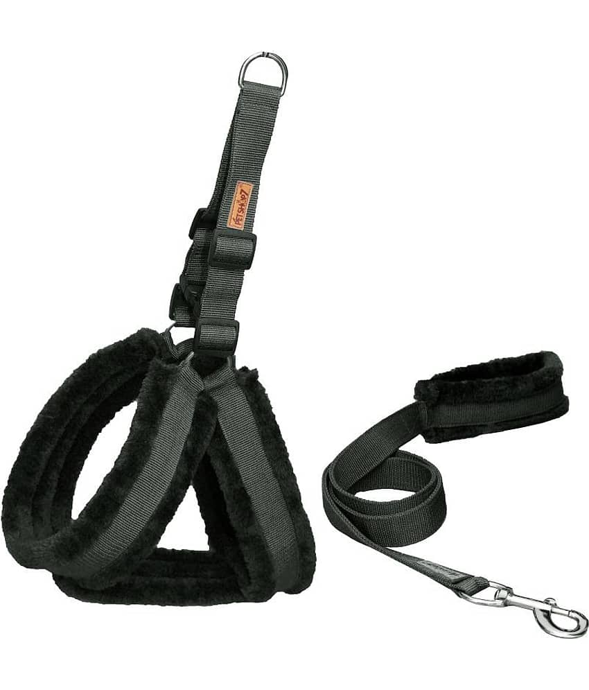 Petshop7 Premium Qualtiy Fur Padded Nylon Dog Harness & Leash 0.75 inch -Small (Chest Size - 23-28inch)-Black