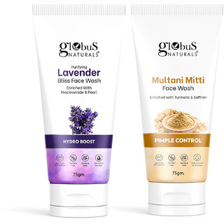 Globus Naturals Face Wash Combo- Hydro Boost Lavender & Pimple Control Multani Mitti, Face Wash, Set of 2, 75gm