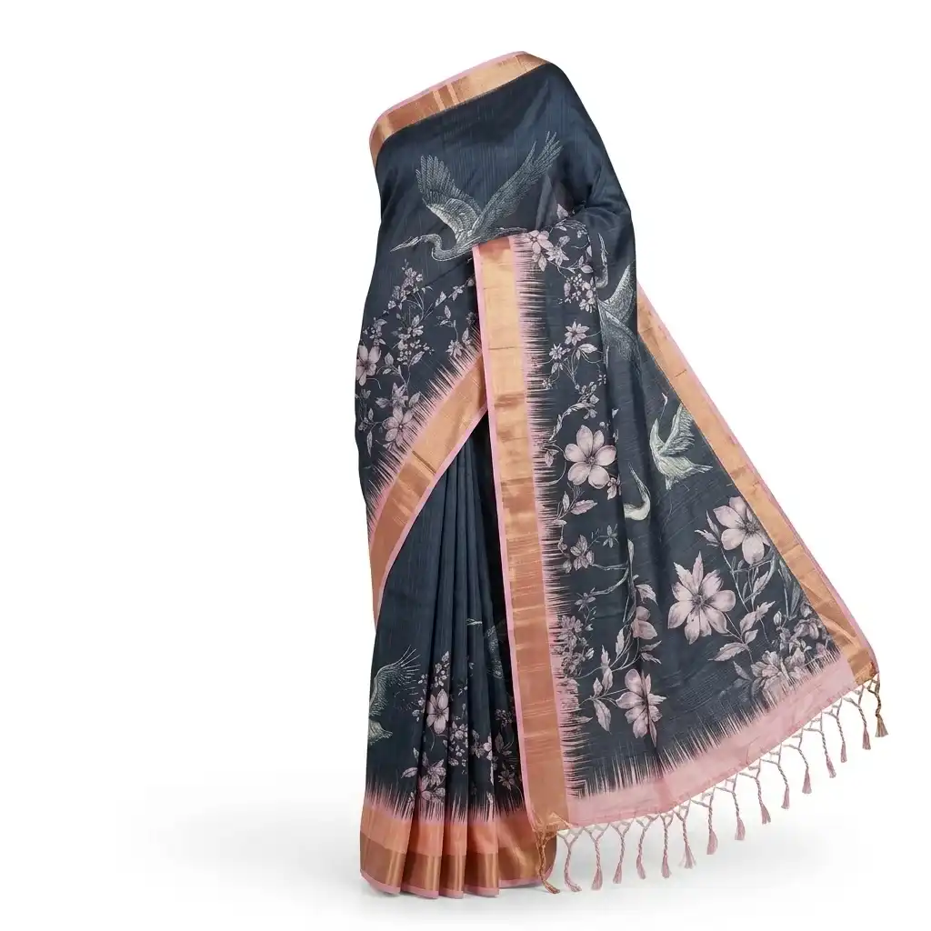 Sambalpuri Midnight Blue Crane Bloom Handloom Saree