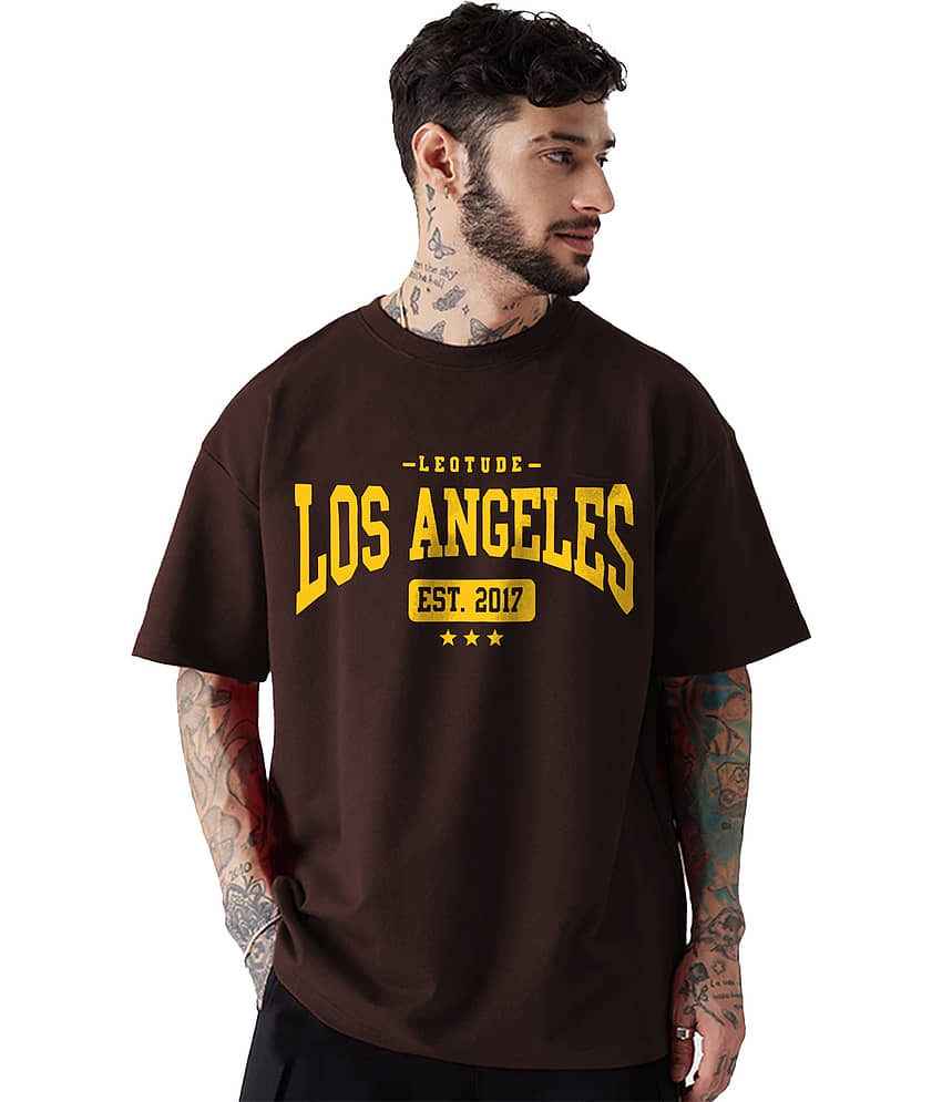 Leotude Cotton Blend Oversized Fit Printed Half Sleeves Men's Round T-Shirt - Brown ( Pack of 1 )