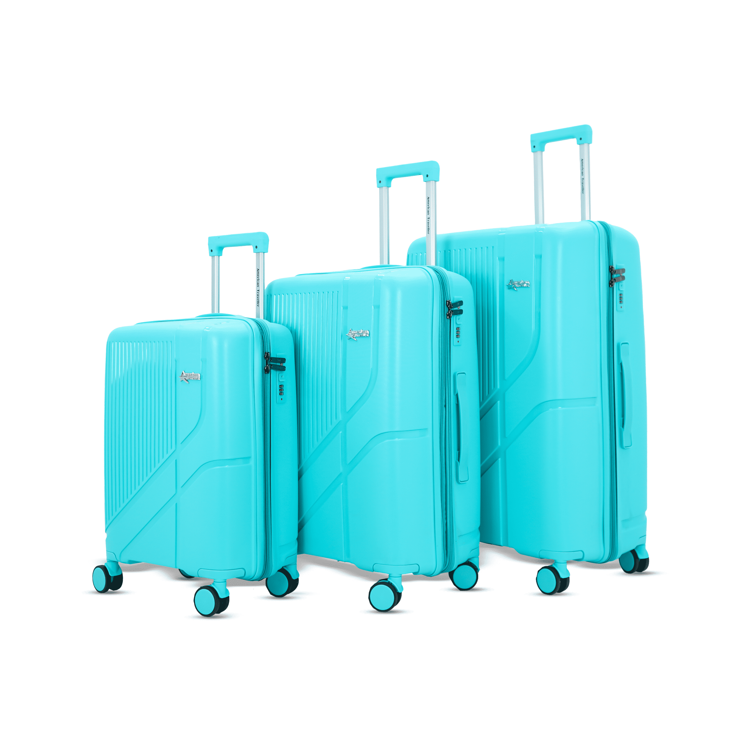 American Traveller TourisPoineer Trolley Bags Set of 3 Large Polypropylene Hardshell Expandable Travel Luggage Bag with 8 Disc Wheels & TSA Type Lock. (3, Aqua Blue (Turquoise))