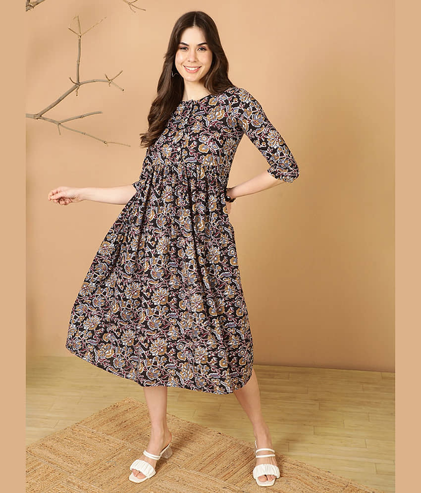 Antaran Women Cotton Printed Fit & Flare Dress ( Black ) view 2