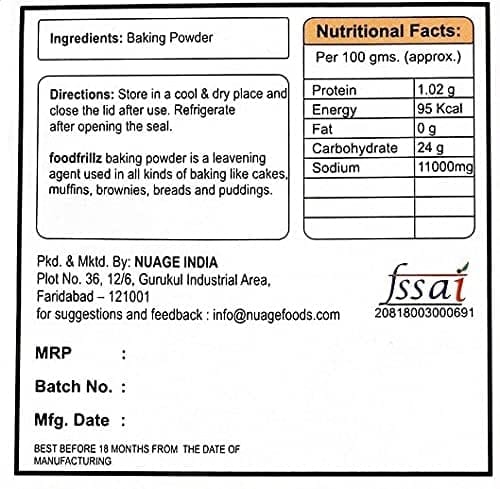 foodfrillz Aluminium Free Double Acting Baking Powder for Better Fluffiness & Zero Metallic Aftertaste, Double Acting Baking Powder for Baking Cake, Breads, Pizza, Muffins, Dhokla, , Naans, Idlis - 100gm view 2