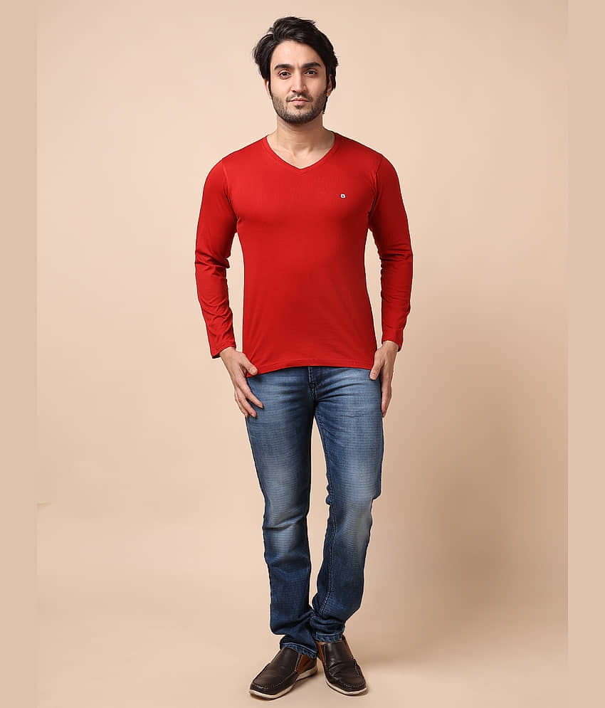 BERRYBLUES 100% Cotton Regular Fit Solid Full Sleeves Men's V-Neck T-Shirt - Red ( Pack of 1 ) view 2