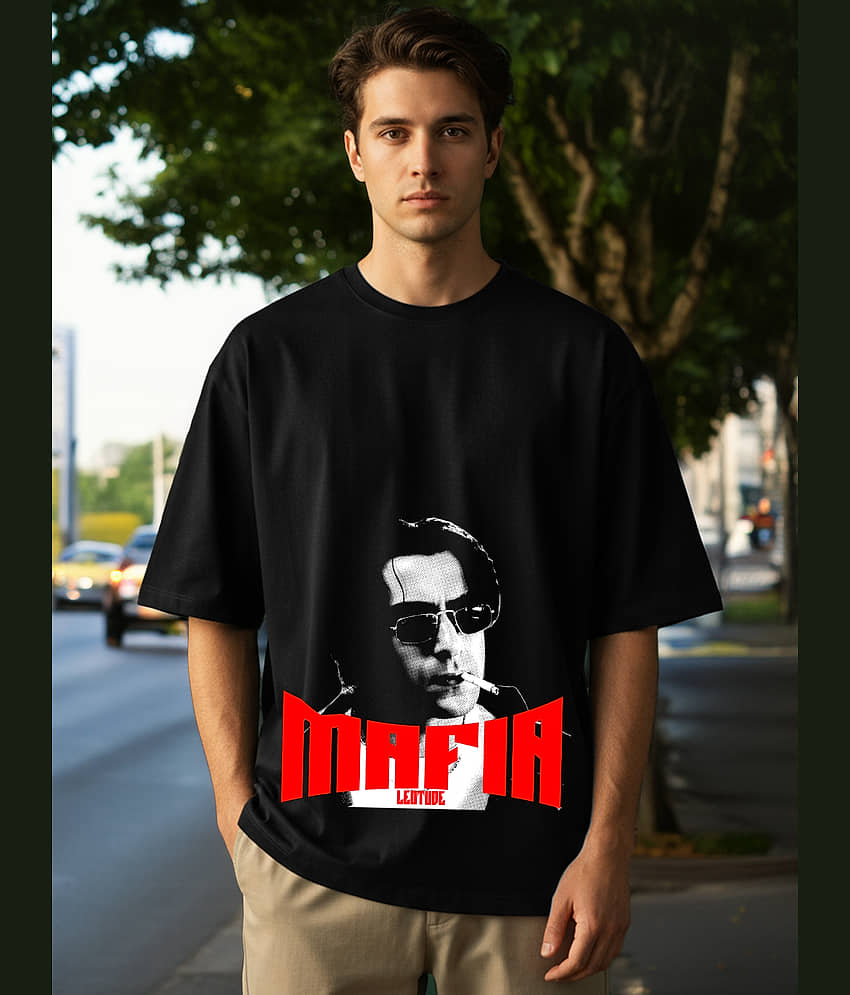 Leotude Men Cotton Blend Oversized Fit Printed T-Shirt ( Black )