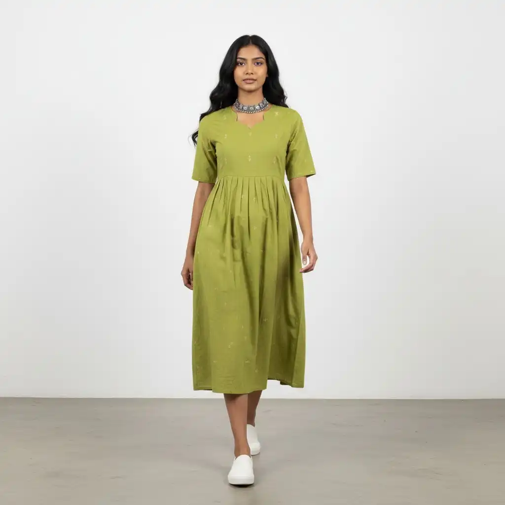 Parrot Green Mangalagiri South Cotton Kurti with Gold Buttas