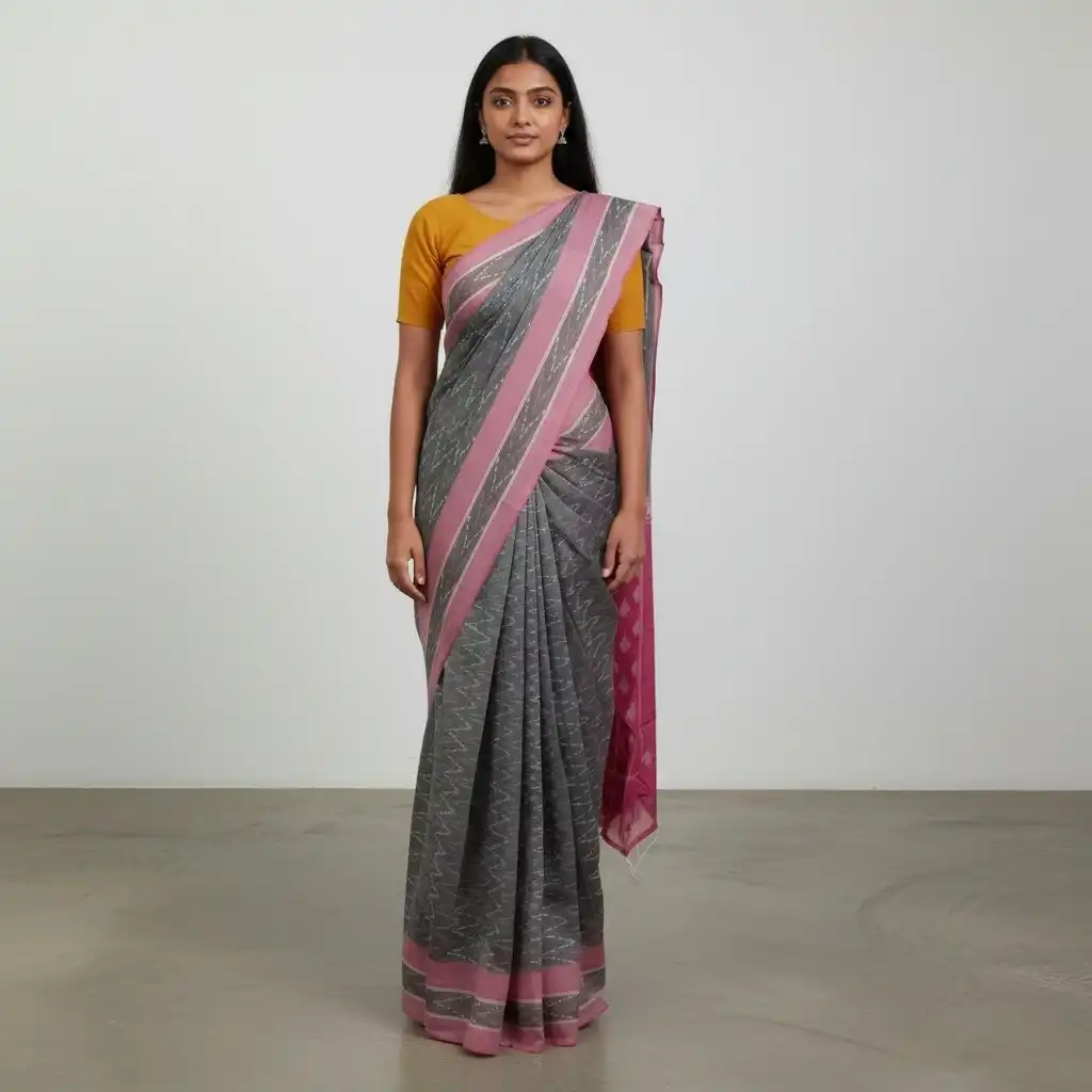 Pochampally Mercerized Cotton Saree in Dark Gray with Temple Border