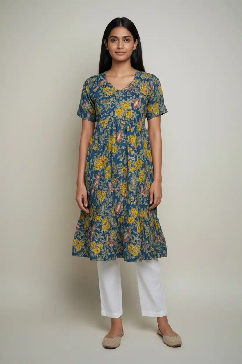 Floral Print Cotton Dress Indigo Yellow Brown
