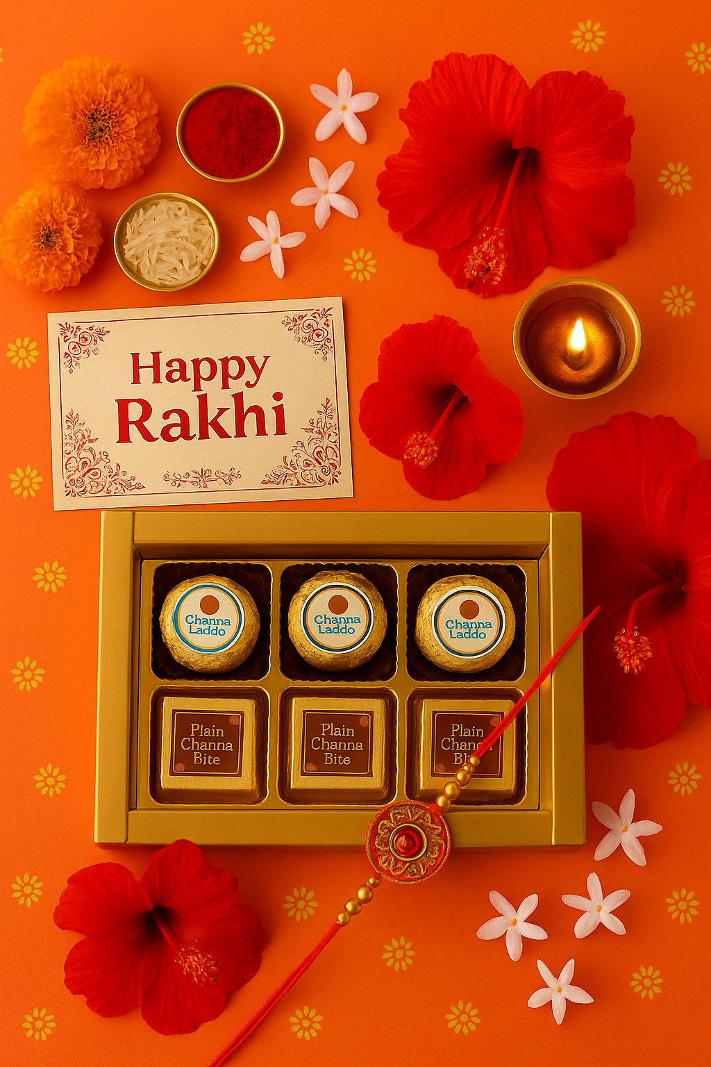 Ghasitaram's Rakhi Set For brother's Sweet Bites Gift Hamper, 6 Pieces, Traditional Indian Sweets with Rakhi, Roli Chawal, Greeting Card