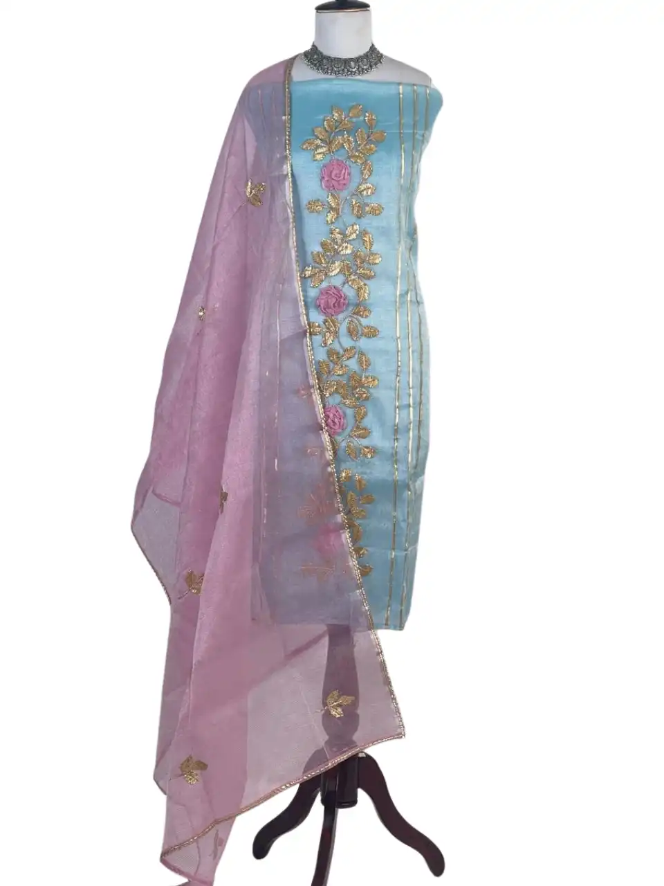 Kota Doria Dress Material Sky Blue Gold Rose Vine