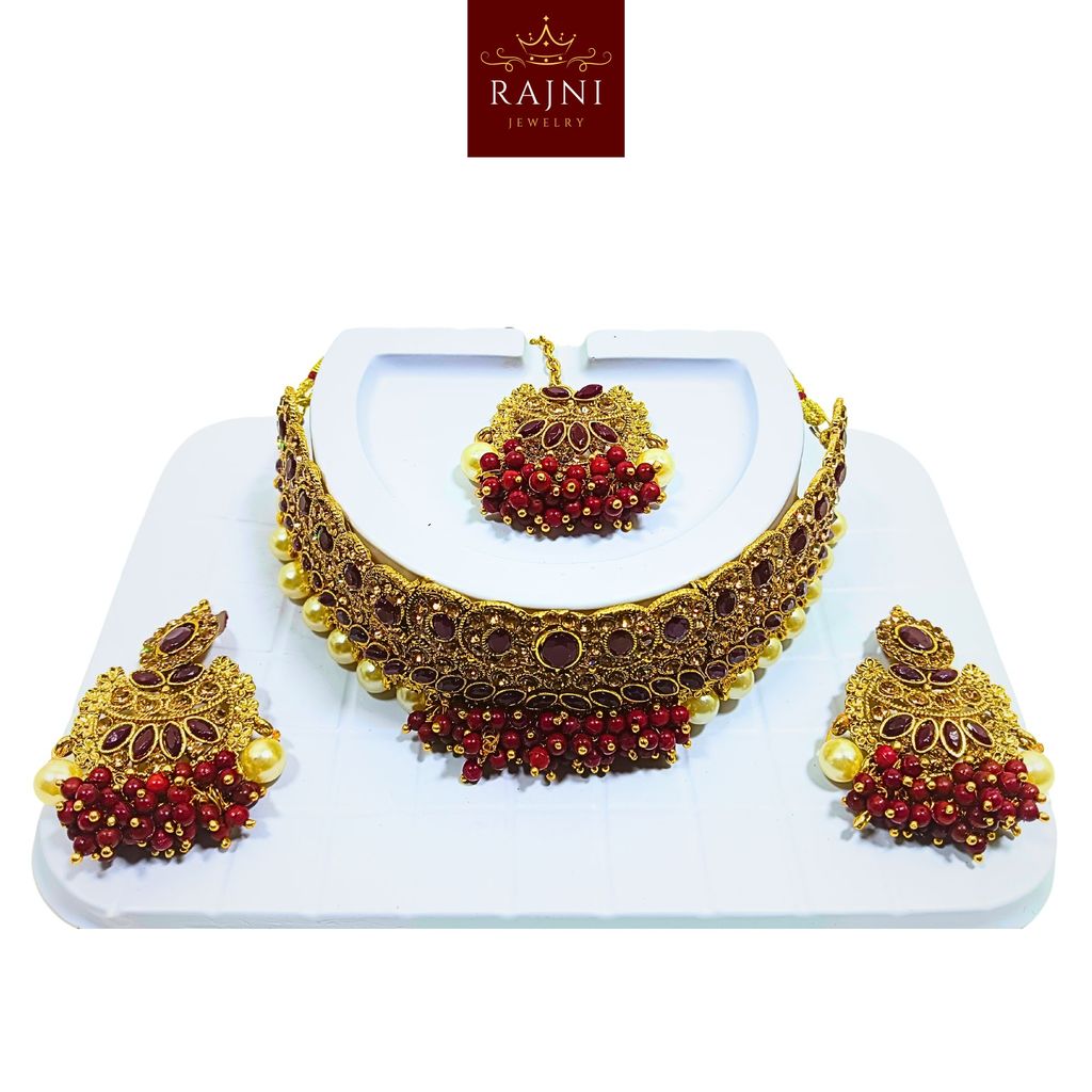 Rajni Luxury Handcrafted Gold Plated Necklace Jewellery Set with Earrings And Mangtika, Beads, Pearl, AD, Multicolour view 2
