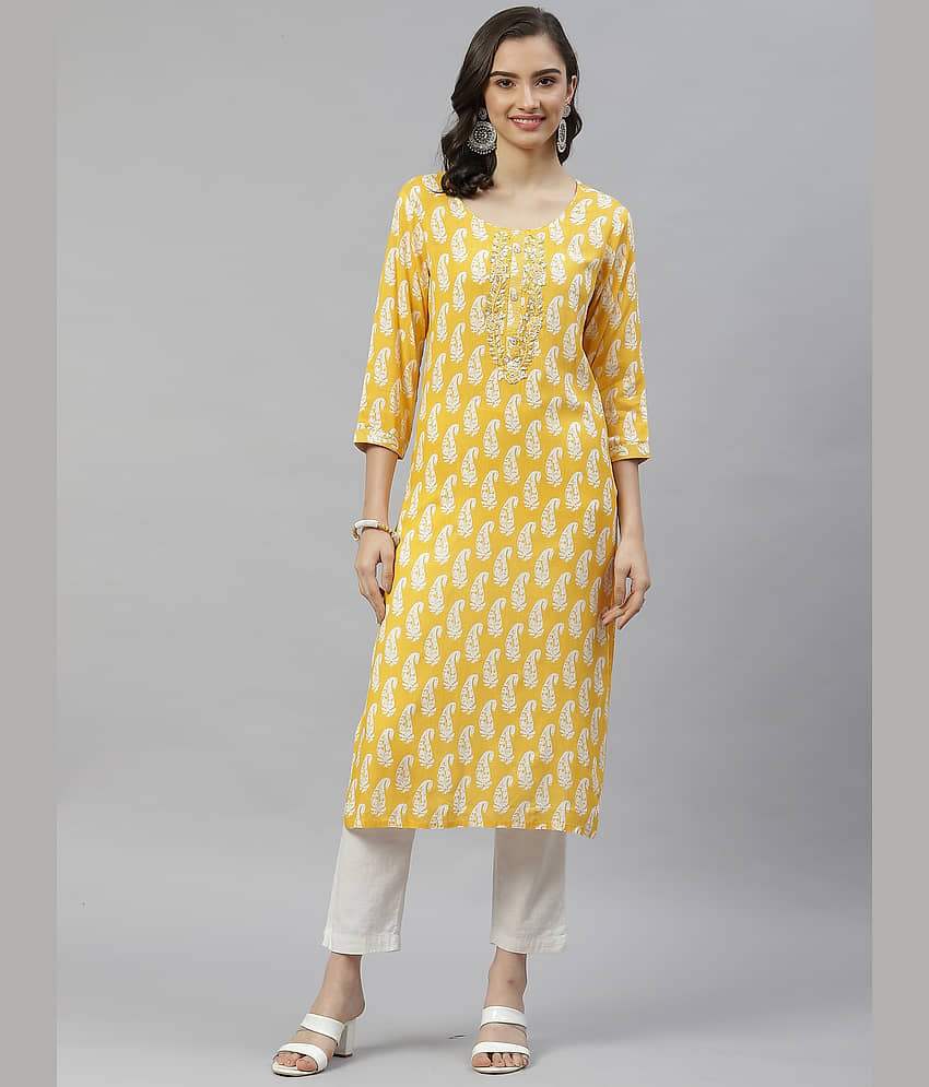 HIGHLIGHT FASHION EXPORT - Yellow Cotton Blend Women's Straight Kurti ( Pack of 1 )