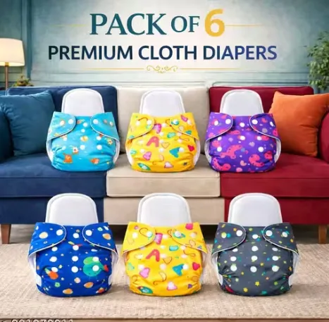 Pack of 6 with 6 Premium Insert Printed Cloth Diapers | Ultra Soft, Heavy Absorbency, Leakproof, Adjustable & Rash-Free Baby Nappies