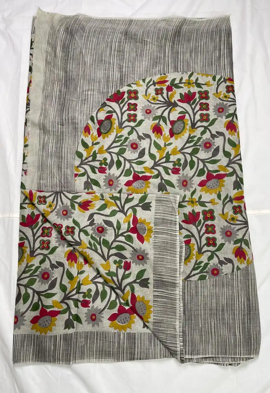 Madhubani Print Cotton Saree Gray Multicolour Floral