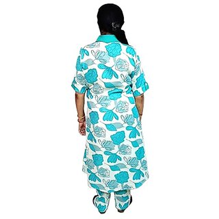 Prabha Apparels Women Printed Cotton A-line Kurta Palazzo Pant Set (White) view 2