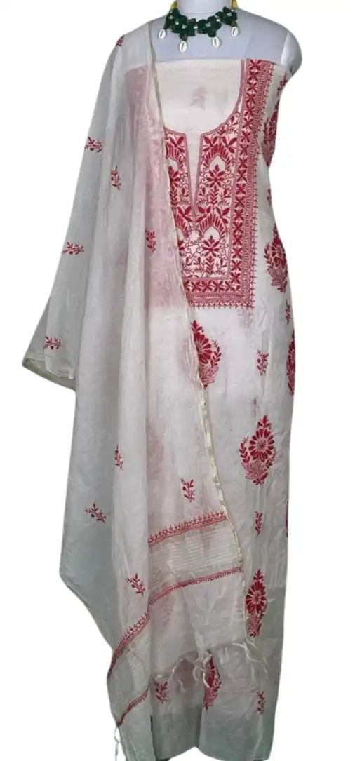 Chikankari Mul Chanderi Dress Material White Bold Red Floral