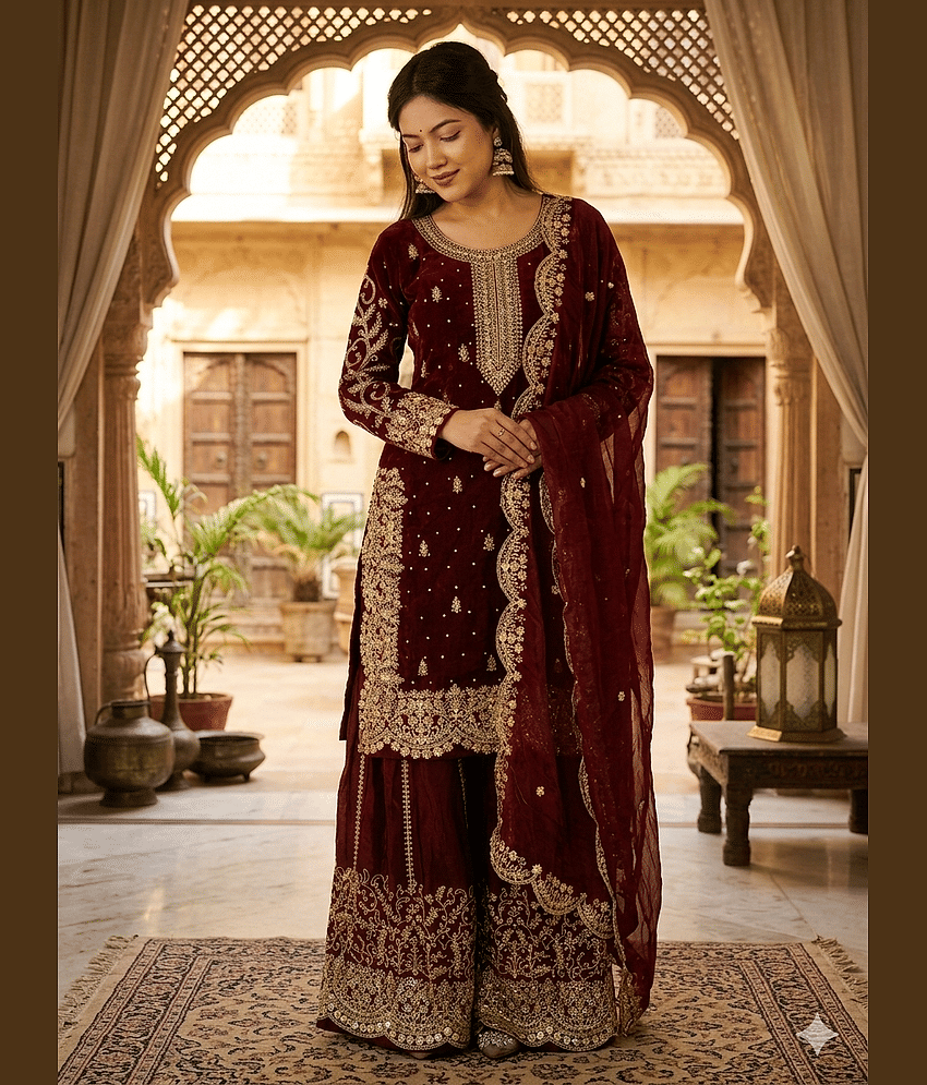 BHAGYASHRAY Women Silk Embroidered Straight Kurti With Patiala Salwar ( Maroon )