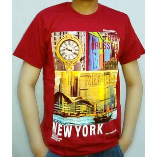 Ansari Creations Mens Maroon Printed 100% Cotton Round Neck T-Shirt
