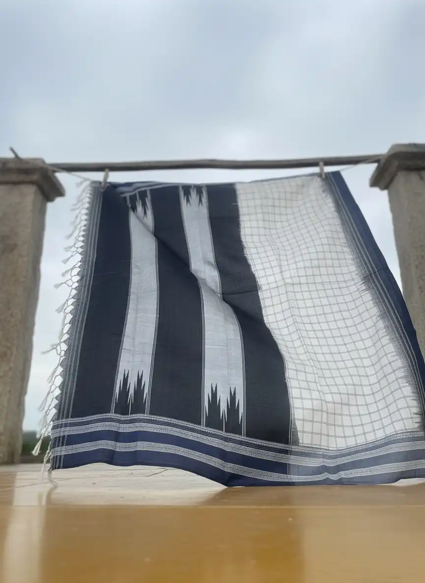 Ilkal Handloom Saree Cream Cotton Black Silk Pallu