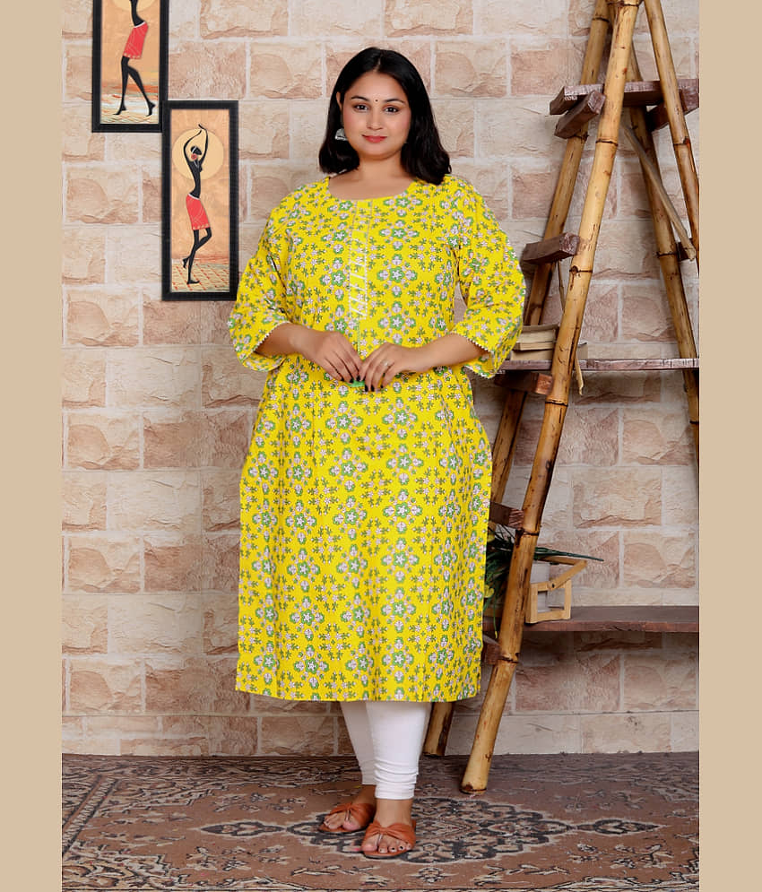 JC4U Cotton Blend Printed Straight Women's Kurti - Yellow ( Pack of 1 )