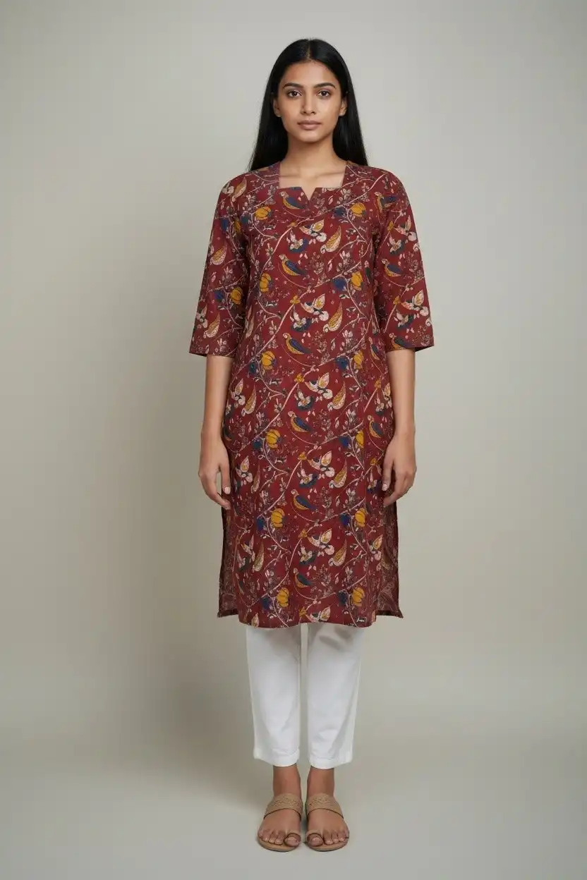 Block Print Cotton Kurti Maroon Blue Orange Floral
