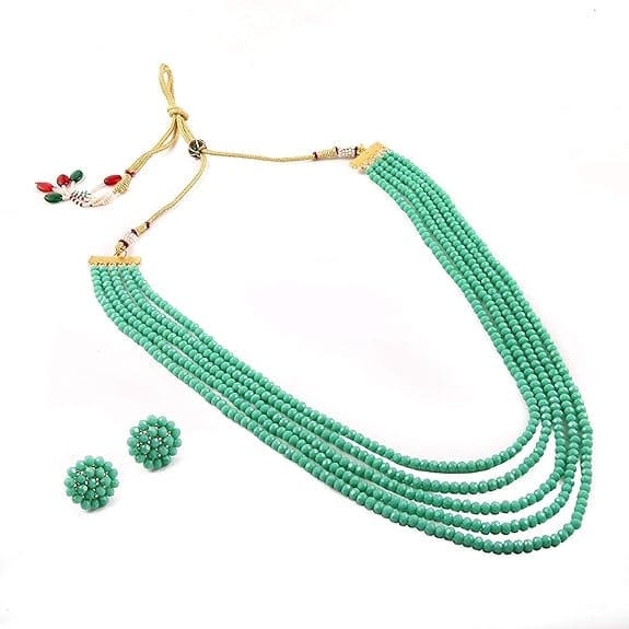 Manbhar Gems - Crystal Gemstone Beads Necklace Set for girl and Women 5 layer Mala With Stud Earring stylish traditional Rama Green Beaded Haar Fashion jewellery view 2
