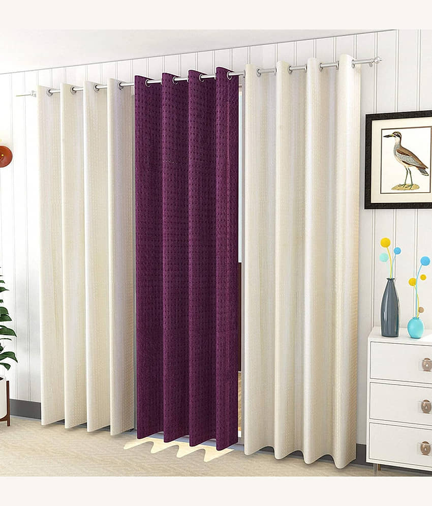Kraftiq Homes Solid Semi-Transparent Eyelet Curtain 9 ft ( Pack of 3 ) - Multicolor