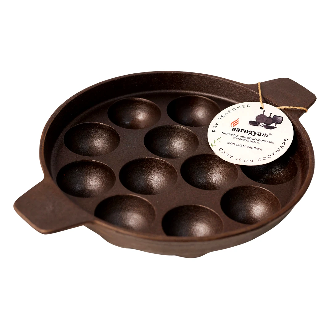 Aarogyam Cast Iron Paniyaram Pan 12 Cavity , Pre-Seasoned 9.5 inch Diameter (24cm), Naturally Non-stick, Toxin-Free, Gas & Induction Compatible, Weight- 2.5 kg (Colour - Black) by Aarogyam - The Cast Iron Shop