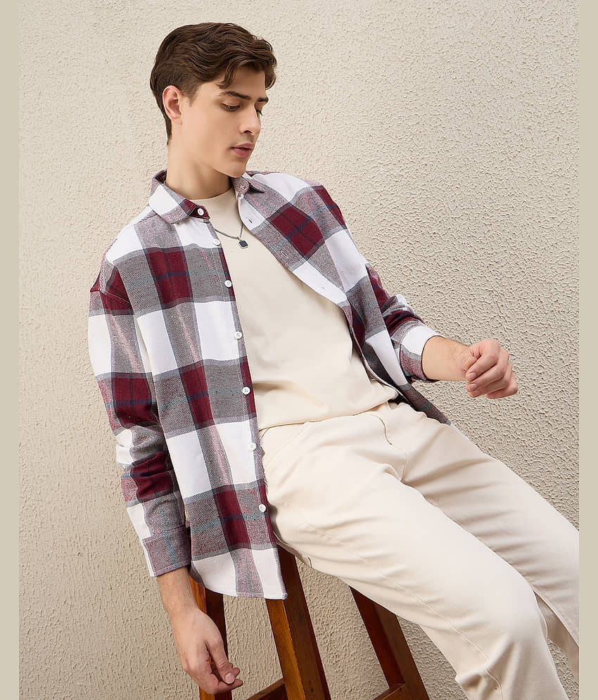 Chimpaaanzee Cotton Blend Oversized Fit Checks Full Sleeves Men's Casual Shirt - Maroon ( Pack of 1 )