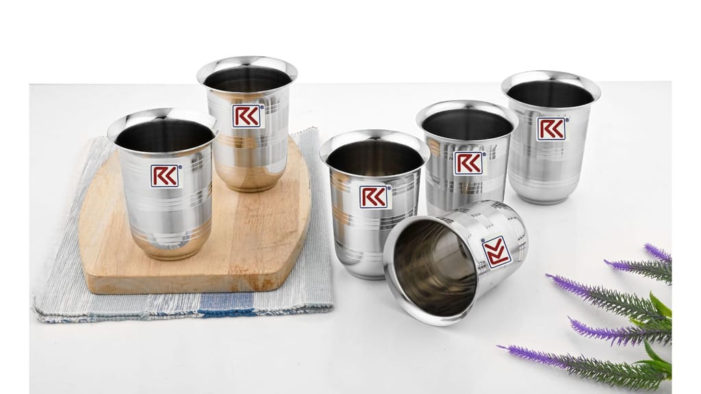 RK 18Guage Mayuri 8Kt Premium Stainless Steel Deep Royal Touch Finish Tableware Drinkware Tumbler Drinking Glasses for Home, Restaurants, Office Capacity 330Ml - Set of 6 Silver view 2