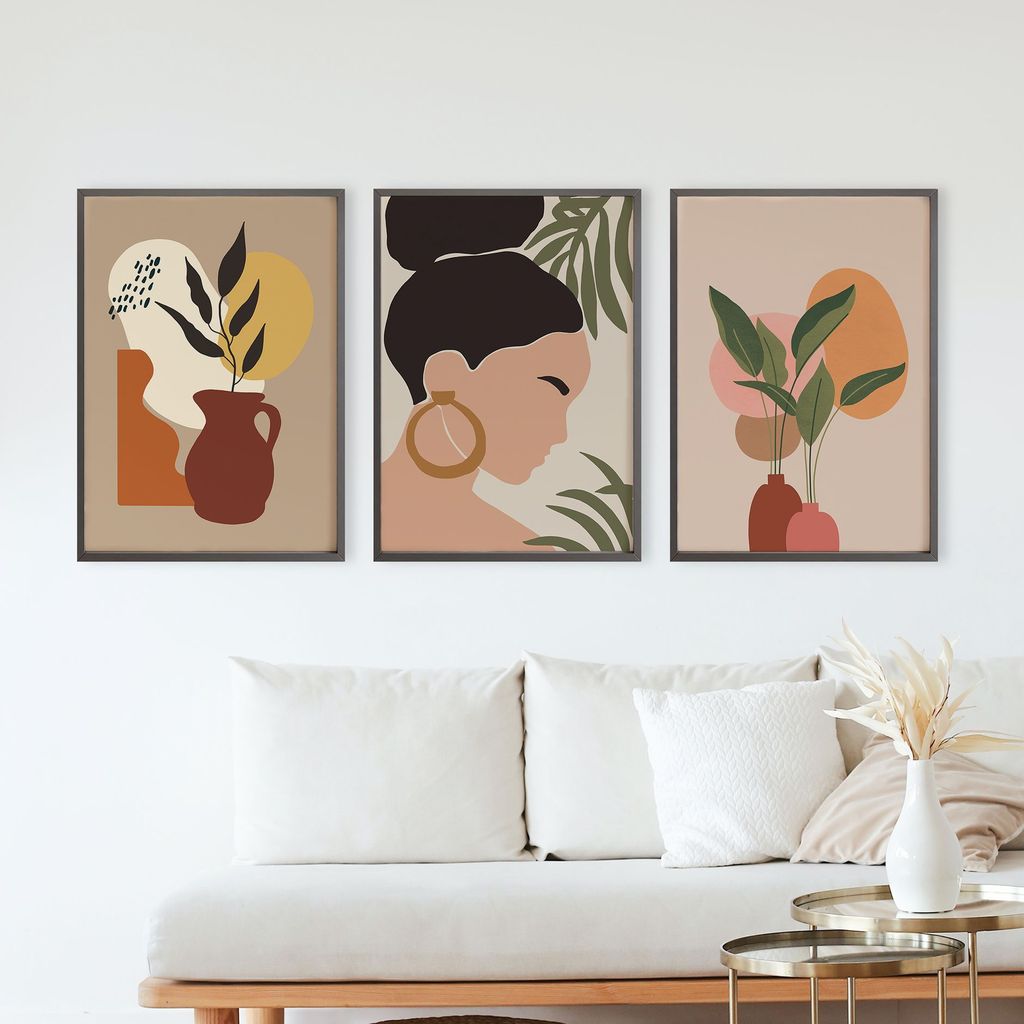 Rustic Charm Set of 3 Minimal BohoFloral Pot Wall Painting for Home Decor | Abstract Plants|13 x 18 inches (A3)|Beige