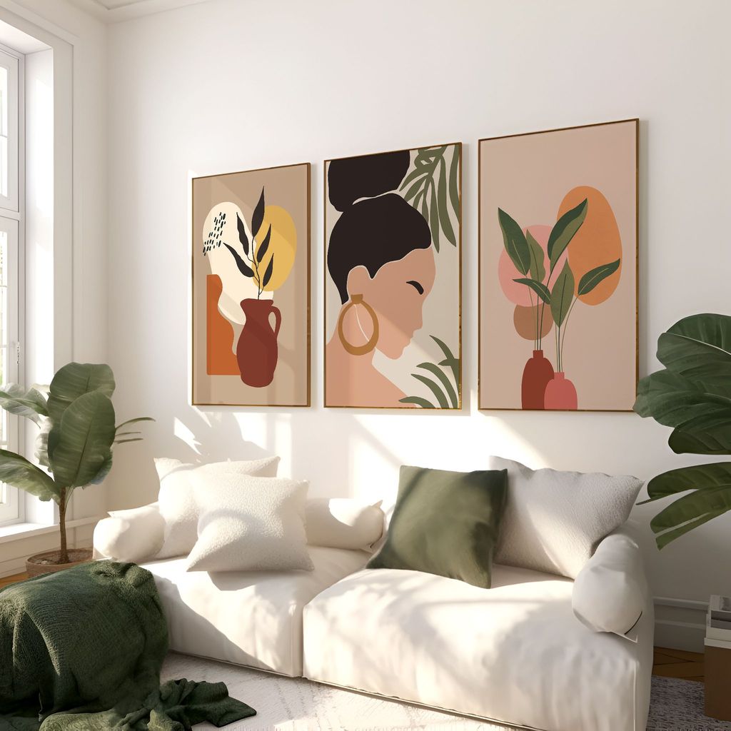 Rustic Charm Set of 3 Minimal BohoFloral Pot Wall Painting for Home Decor | Abstract Plants|13 x 18 inches (A3)|Beige view 2