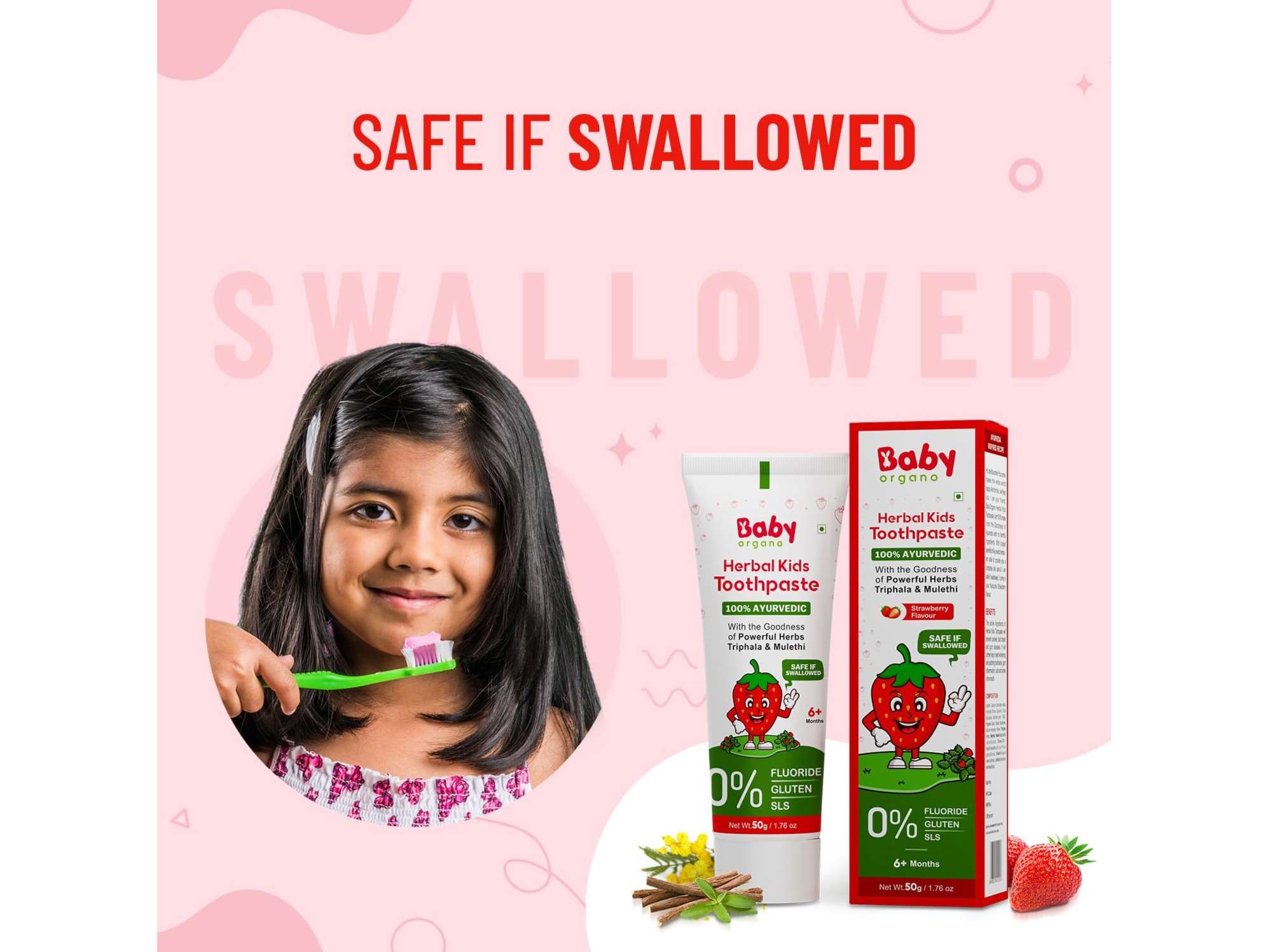 BabyOrgano Ayurvedic Herbal Kids Toothpaste Strawberry - 50g view 2