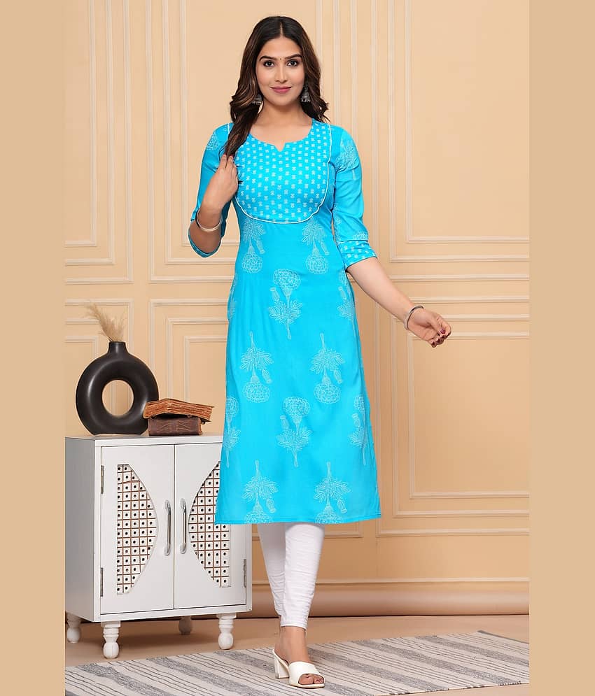 GlowWorld Rayon Printed Straight Women's Kurti - Light Blue ( Pack of 1 )