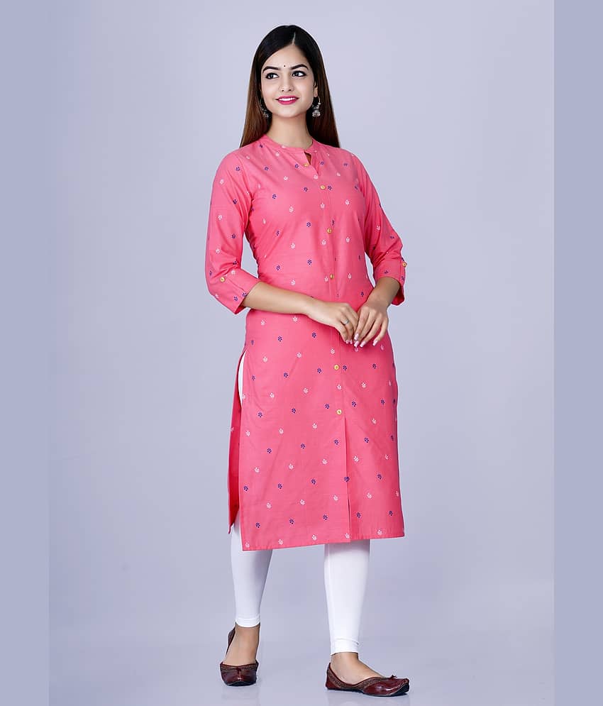 GlowWorld Cotton Printed Front Slit Women's Kurti - Pink ( Pack of 1 )