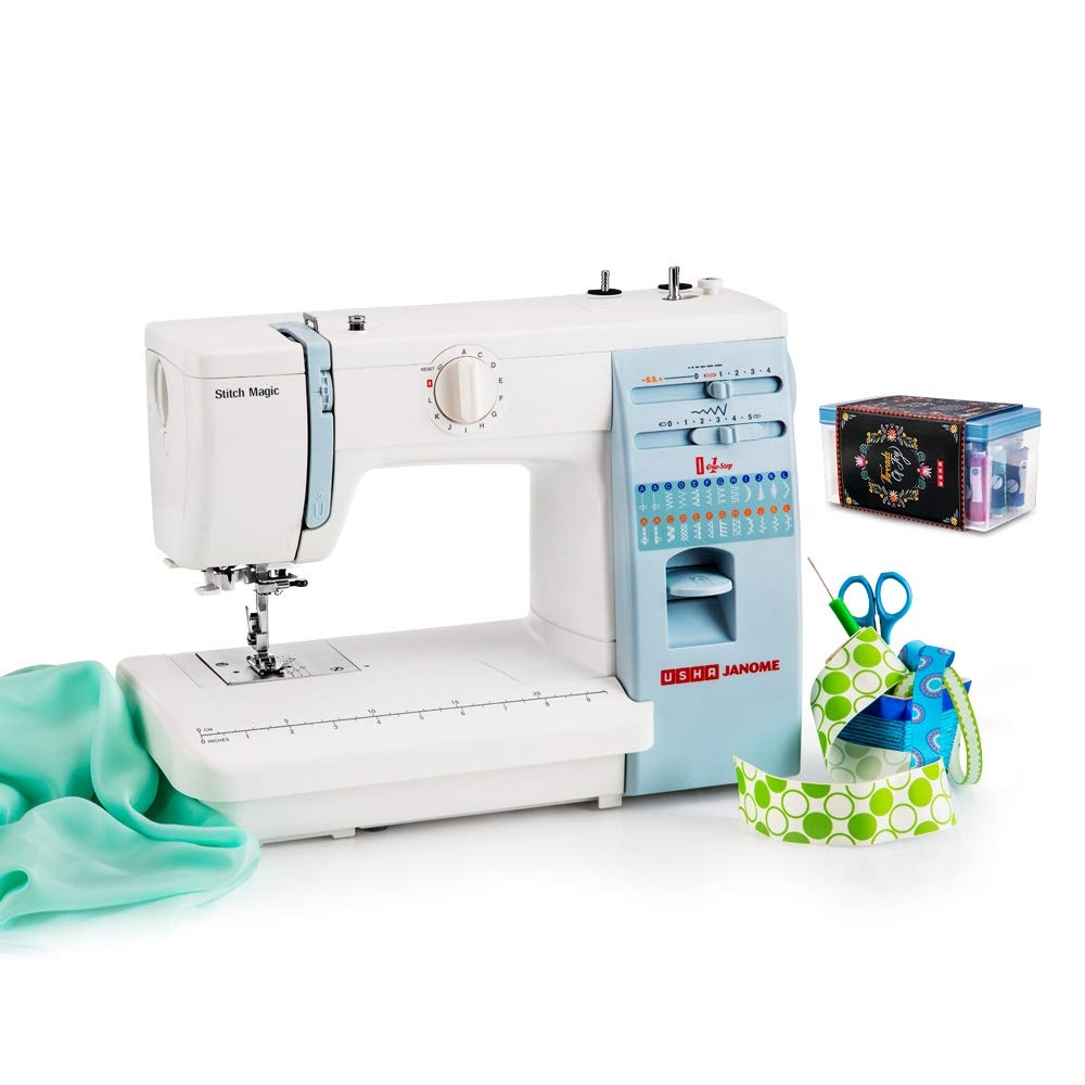 Usha Janome Automatic Stitch Magic Sewing Machine - White and Blue