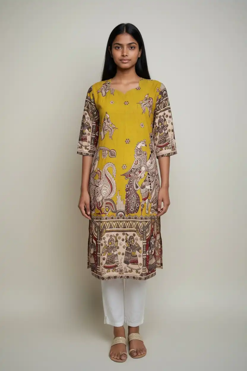 Kalamkari Print Cotton Kurti Mustard Yellow