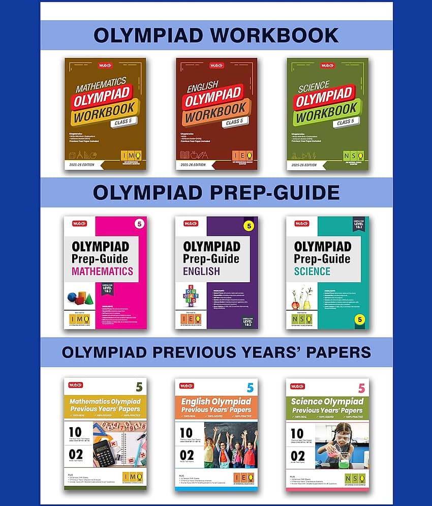 MTG Class-5 Mathematics, Science & English (IMO-NSO-IEO) Olympiad Workbook, Prep-Guide & Previous Years Papers (PYQs) - SOF Olympiad Books For 2025-26 Exam (Set of 9 Books)